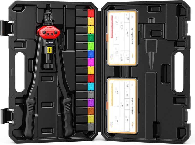 CORWIN Store Stroke Setting Rivet Nut Gun 1003 16-Inch, with Metric and SAE 15 Specifications Mandrels, and 200 Pieces of Rivet Nuts Stored in a Blow Molded Plastic Carrying Case - Image 1